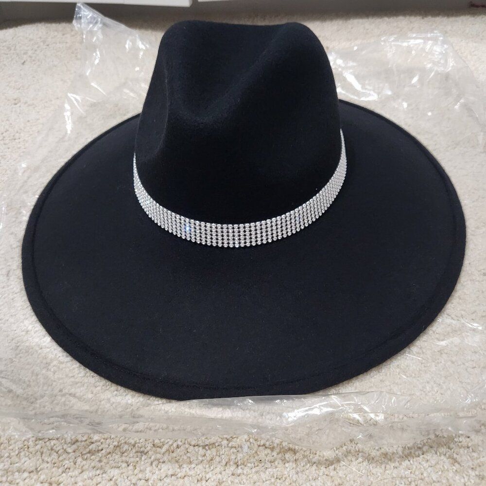 NWT Black Rhinestone-Trim Felt Fedora - Picture 1 of 3
